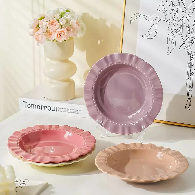 

4pcs Multi-Color Ceramic Plate Set, Creative Ripple-Edge Design, Microwave, Dishwasher Safe, Beautiful Kitchen Decor