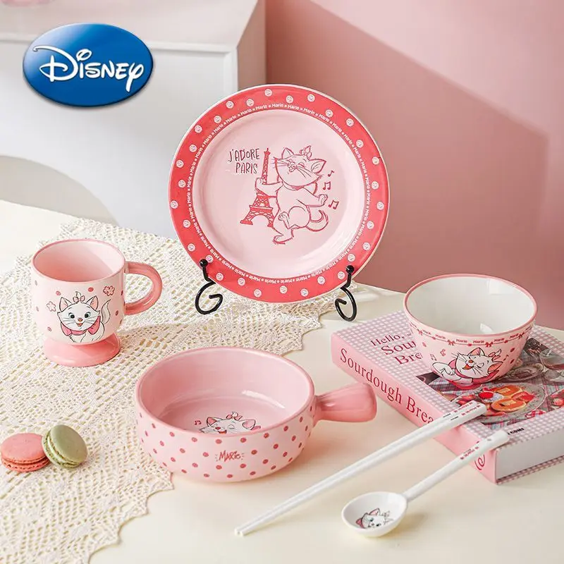 Disney bonito dos desenhos animados marie gato tigela de arroz cerâmica copo de água prato conjunto de utensílios de mesa domésticos rosa menina conjunto de comida de uma pessoa tigela de sopa