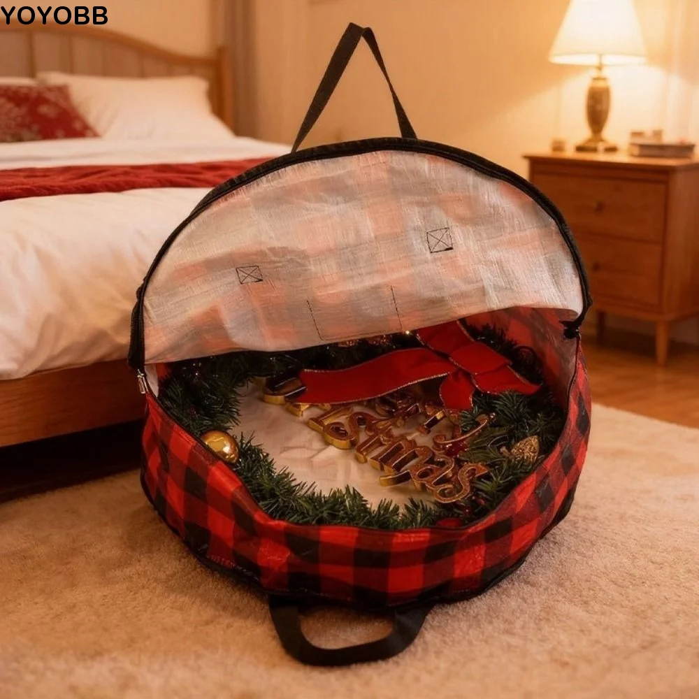 

Stackable Plaid Christmas Wreath Storage Bag Large Capacity with Zipper and Handles Christmas Garland Packing Bags Waterproof