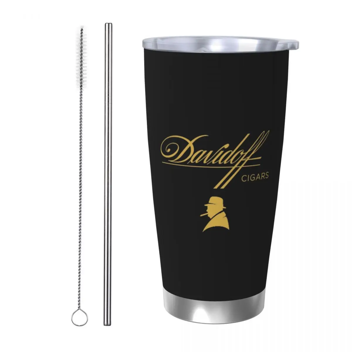 Davidoff Cigars Vaso de acero inoxidable negro Tazas aisladas al vacío Pajitas térmicas para tazas frías con tapa 20 oz