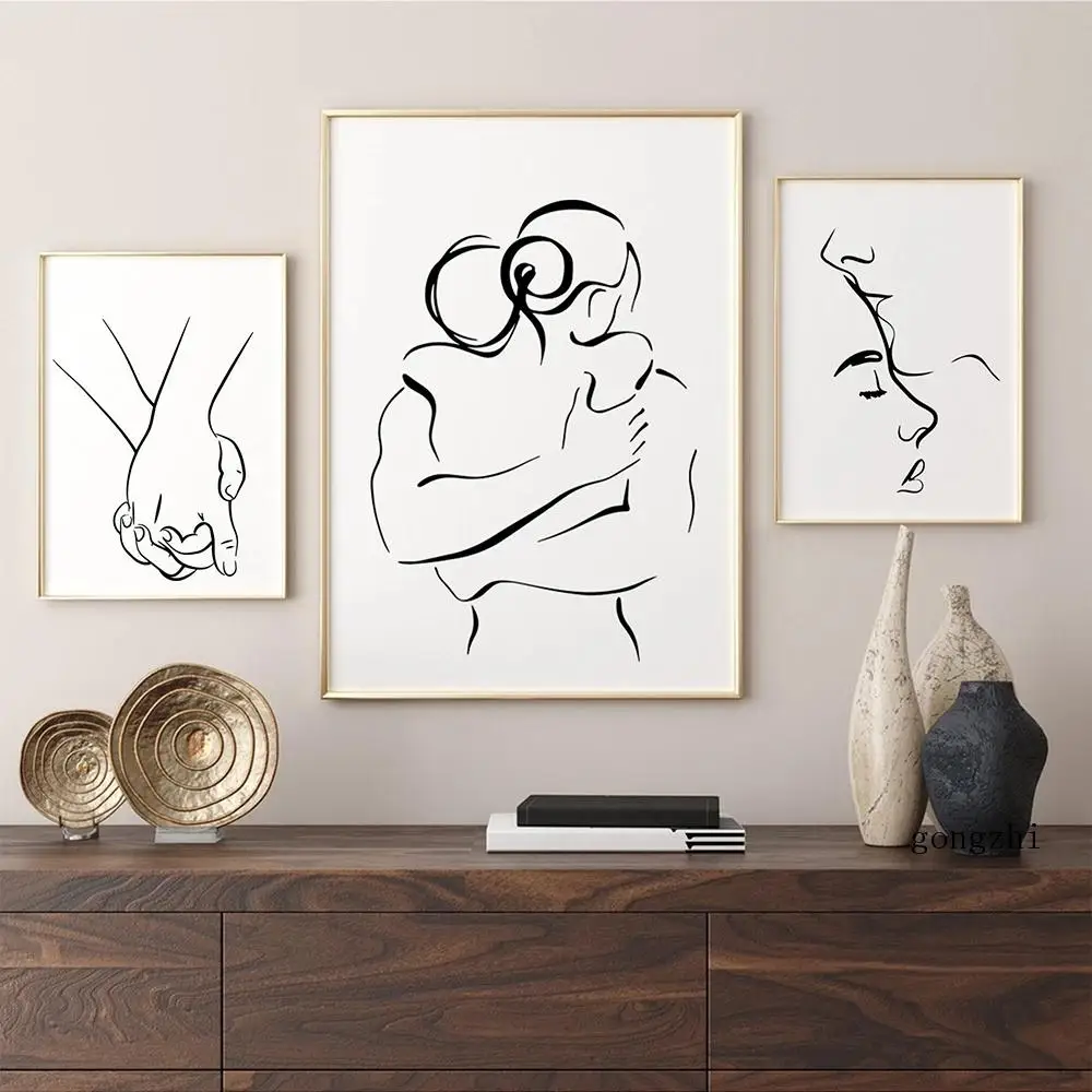 3PCS--Romantic Love Couple Line Posters Kissing Hugging Hold Hands Canvas Painting and Prints Wall Art Pictures for Living Ro