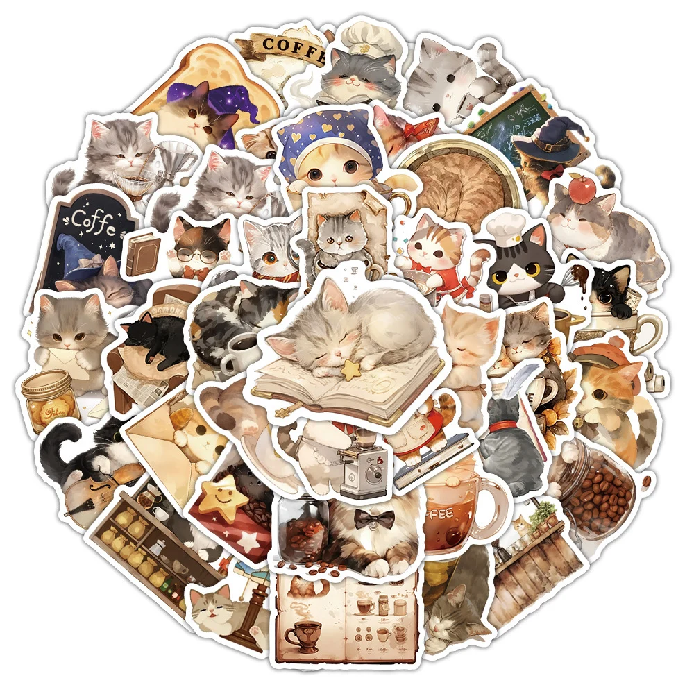 10/30/54pcs Vintage Coffee Kitten Stickers Cute Cat Graffiti Sticker DIY Suitcase Helmet Motorcycle Laptop Waterproof Decals Toy