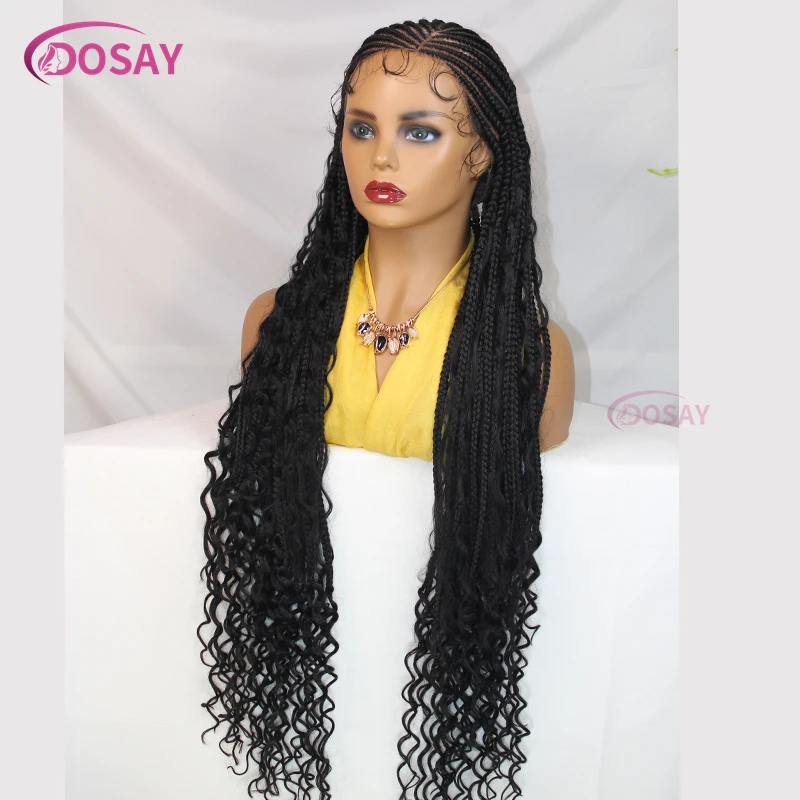 36" Synthetic Full Lace Hair Curly End Wigs Boho Braided Wigs Wear go Glueless Afric Cornrow Braiding Lace Wigs For Black Woman