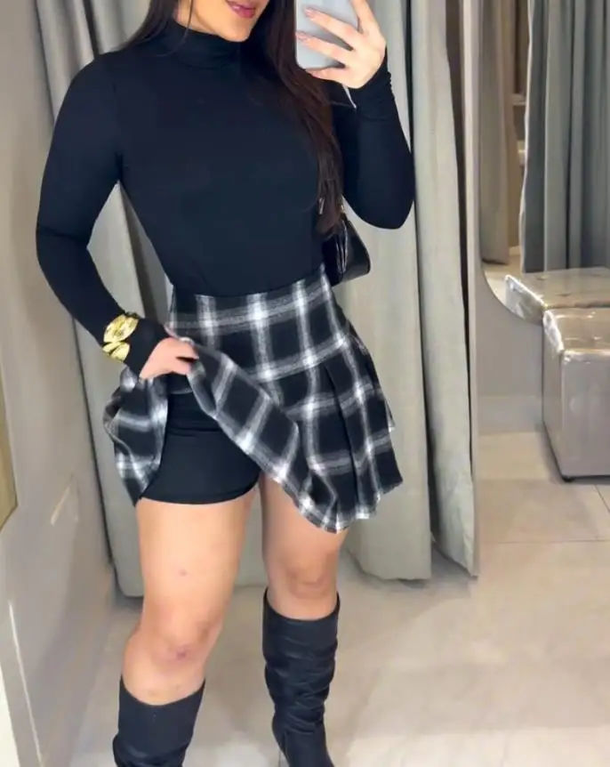 Women's Two Piece Outfits In Summer Daily Clothing High Neck Long Sleeve Backless Romper & Casual Plaid Print Pleated Skirt Sets