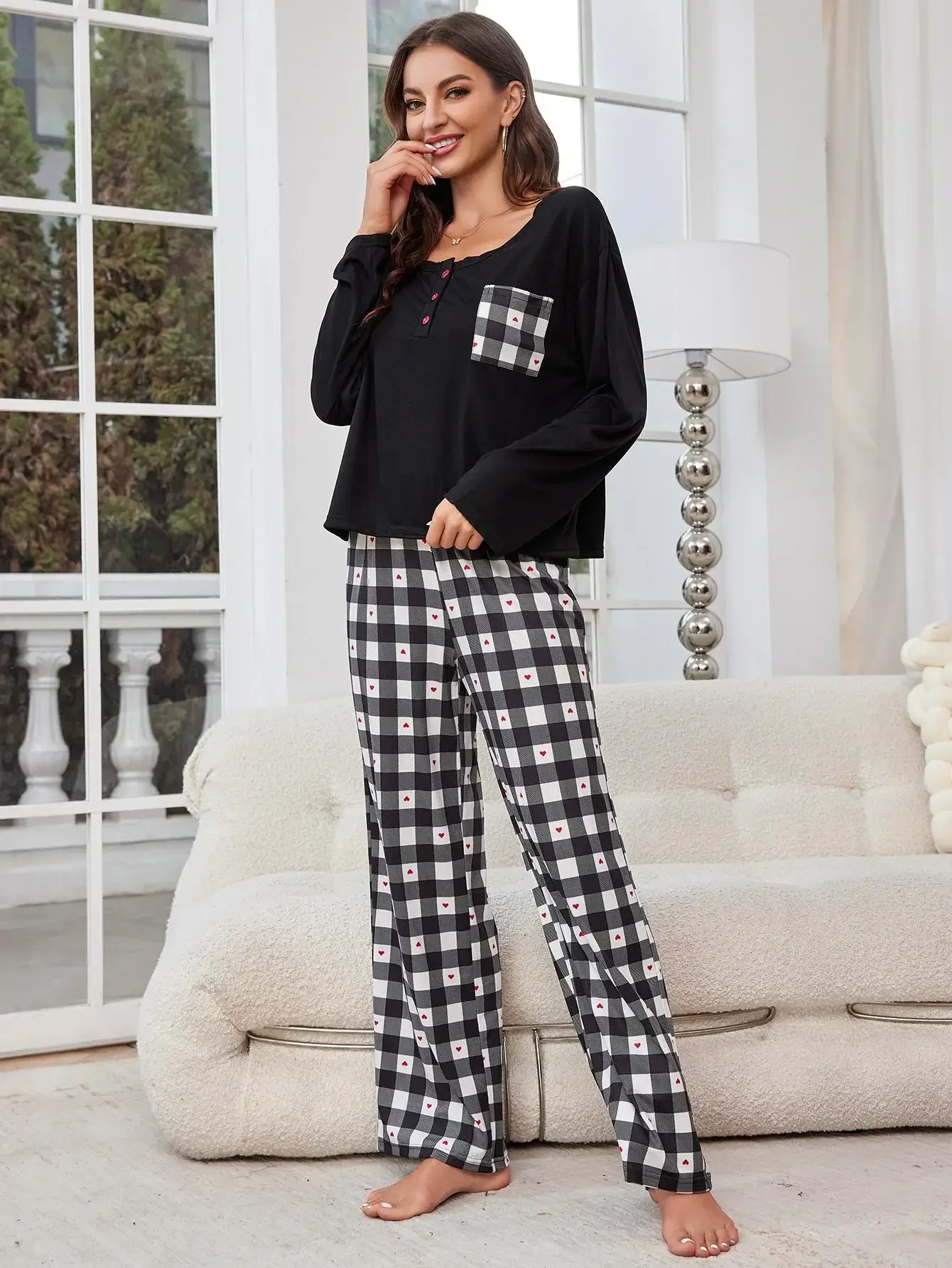 Plaid Women Pajama Set Long Sleeves Front Button Top & Heart Print Pants Fall Winter Female Sleepwear 2 Piece Nightwear Homewear