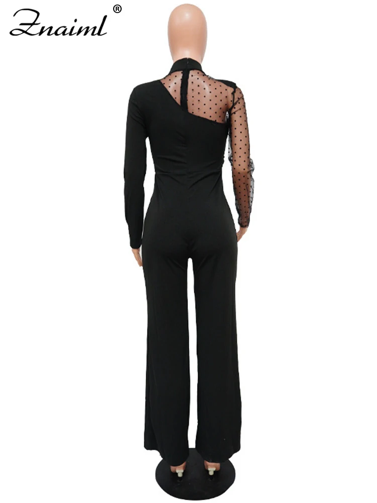 Znaiml Sexy Mesh Patchwork See Through Long Sleeve Straight Black Jumpsuit Women Wide Legs One Piece Rompers Office Lady Outfits