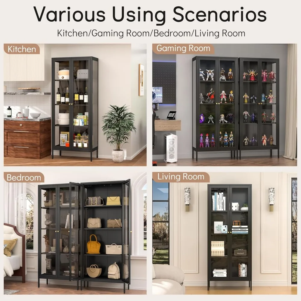 Wysoka szafka ekspozycyjna o wysokości 168 cm z 3-stronnym szkłem hartowanym, czarna gablota na kolekcje i figurki.