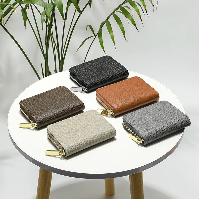 Mini Zipper Card Holder Saffiano Faux Leather Multi Slot Small Wallet Portable Coin Purse For Women Men Daily Use