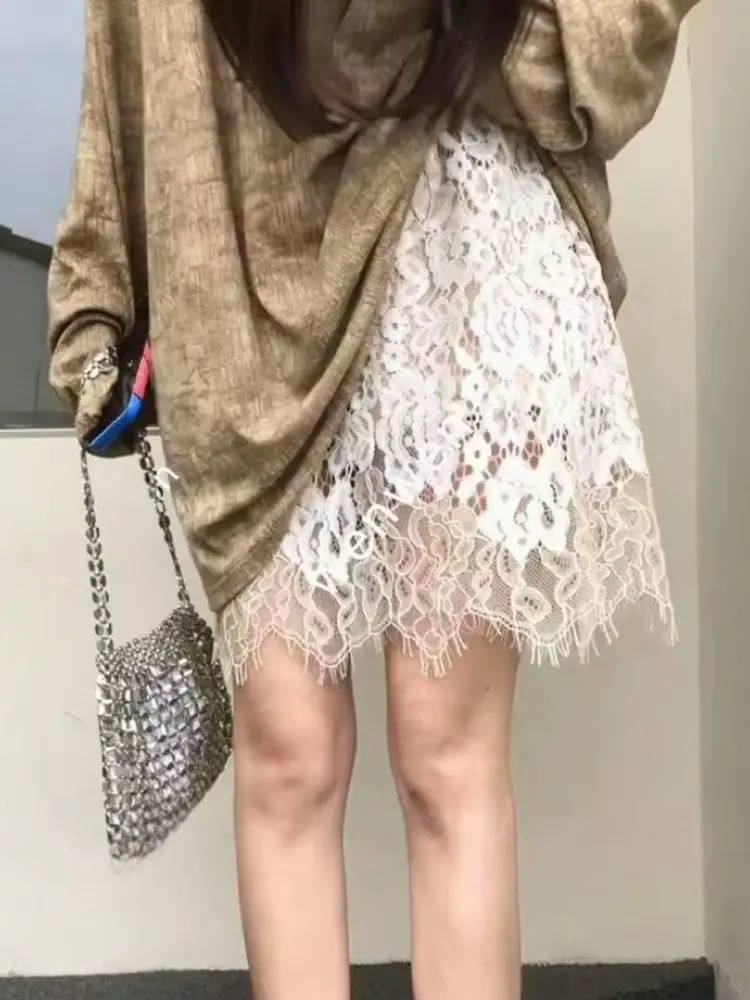 

Корейская мини-юбка с ажурной кружевной отделкой, женская, весна 2026, новая, элегантная, бежевая, А-силуэт, в стиле High Street