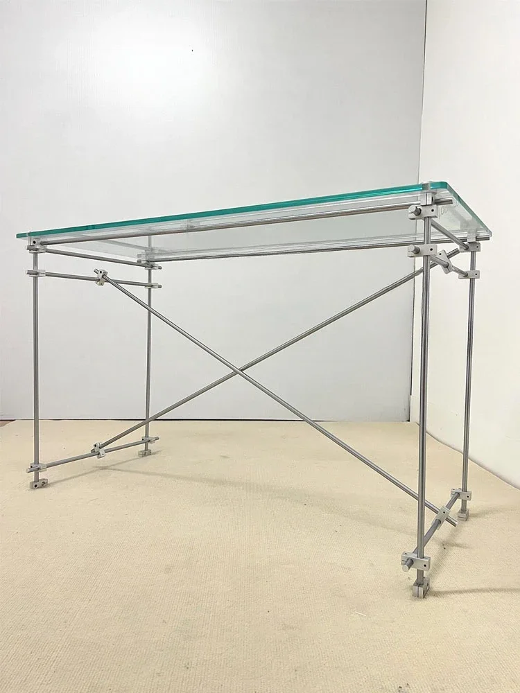 Medieval stainless steel metal round tube rectangular glass table minimalist computer table