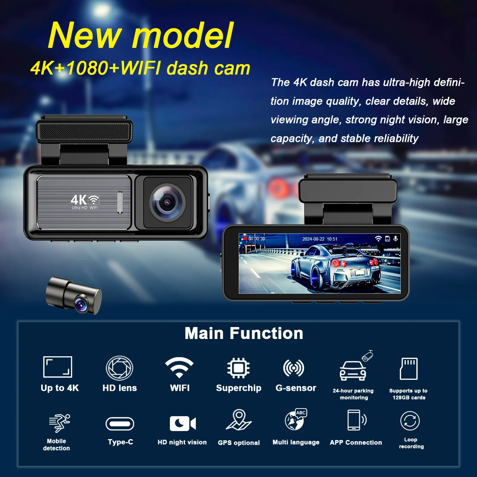 Nuovo produttore MINI Dual Lens Wifi Gps Dash Camera anteriore e interna Car Black Box Dual 4k Dashcam Car Dvr Car Camera 4k Dash C