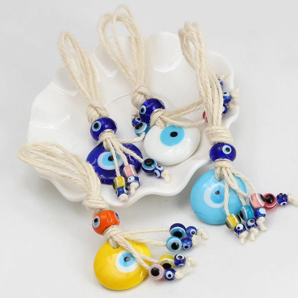 Lucky Eye Glass Turkish Evil Eye Pendant Wall Hanging Colorful Spacer Beads Tassel Keychain Car Keyring for Women Men Jewelry