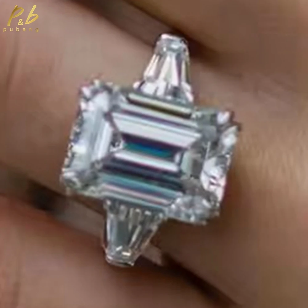 

PuBang 3EX VVS1 D Real Moissanite 12 Carat Engagement Ring Diamond Original 18k Gold Emerald Flanking Tapered Baguette Accessory