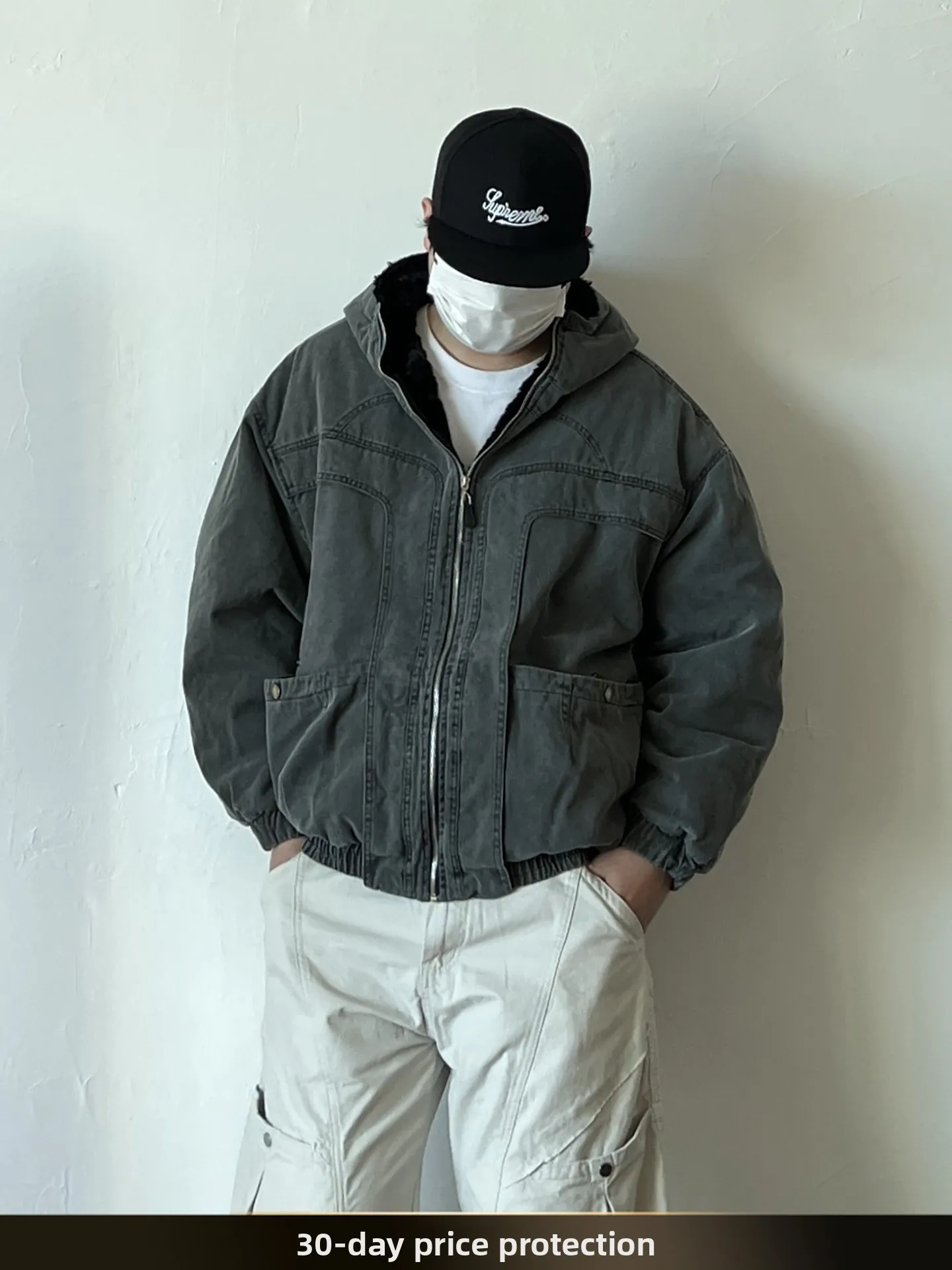 

Nted American Retro Lamb Fur Lined Hooded Cotton Jaet for Men Winter Outdoor Thi Warm Couple Cotton Coat Youth Casual Cle...