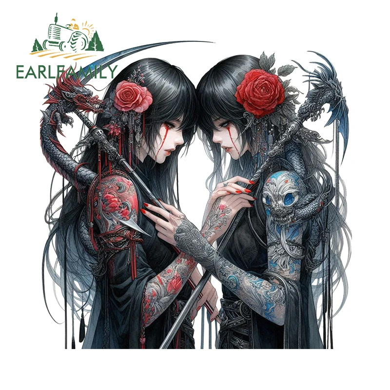 EARLFAMILY Original Rose Japanese Girl Car Sticker Creative Tattoo Skull Dragon Decoration Cool Sunscreen Laptop Warrior Decals