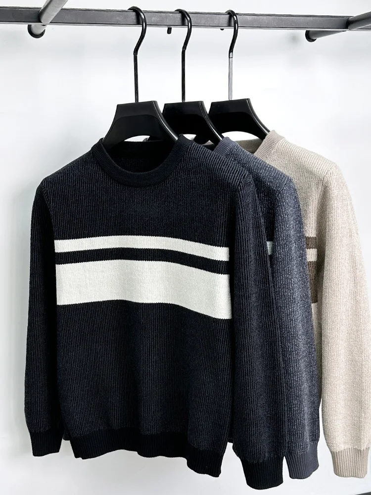 High-end new Men\'s Round Neck Autumn and Winter Design Long-sleeved Color-blocked Striped Casual Pullover Warm Sweater New Tops