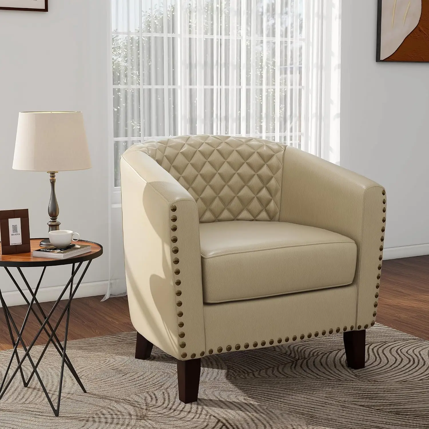 Barrel Accent Chair Faux Leather Club Armchair Upholstered Sofa with Wood Legs & Nailhead Trim for Living Room, Customized
