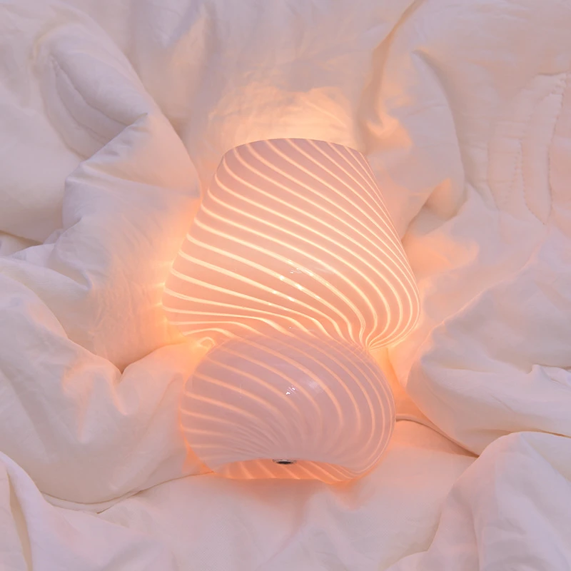 Ins Creative Glass LED Lamp Bedroom Bedside Table Night Light Striped Frosted Mushroom Table Simple Decoration Cute Translucent