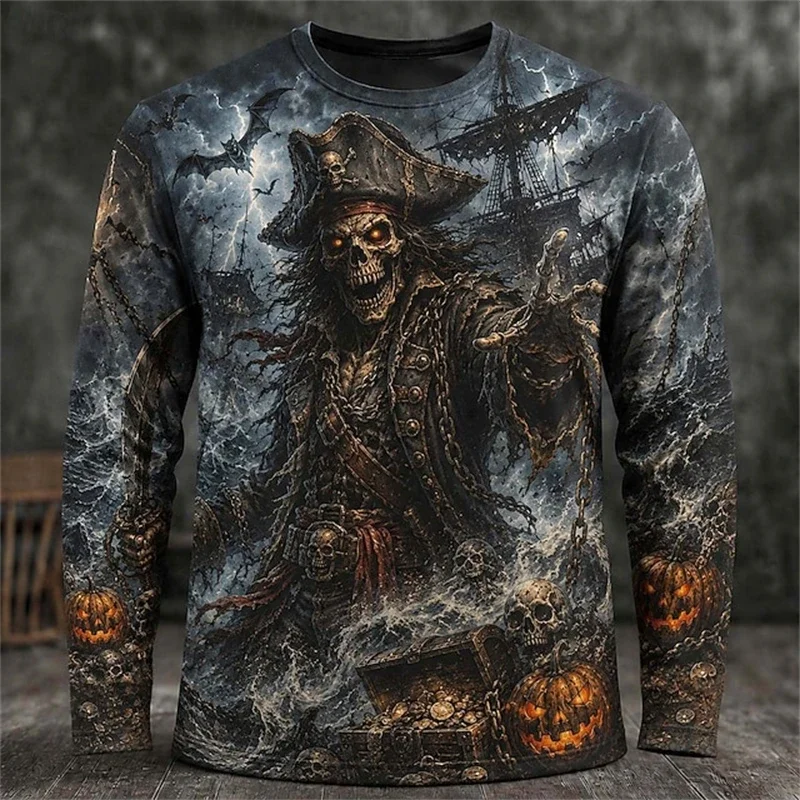 2026 Neues Herren-Halloween-Themen-Langarm-T-Shirt mit Rundhalsausschnitt und gruseligem Zauberer-Schädel-Print, Herren-Party-Oberteil für Feiertage – Detail 5