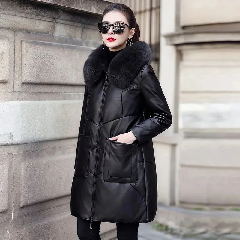 Winter Long Faux Leather Jacket Women Down Cotton Coat Korean Loose Large Size Black Buffer Parkas Female Warm Leather Overcoat