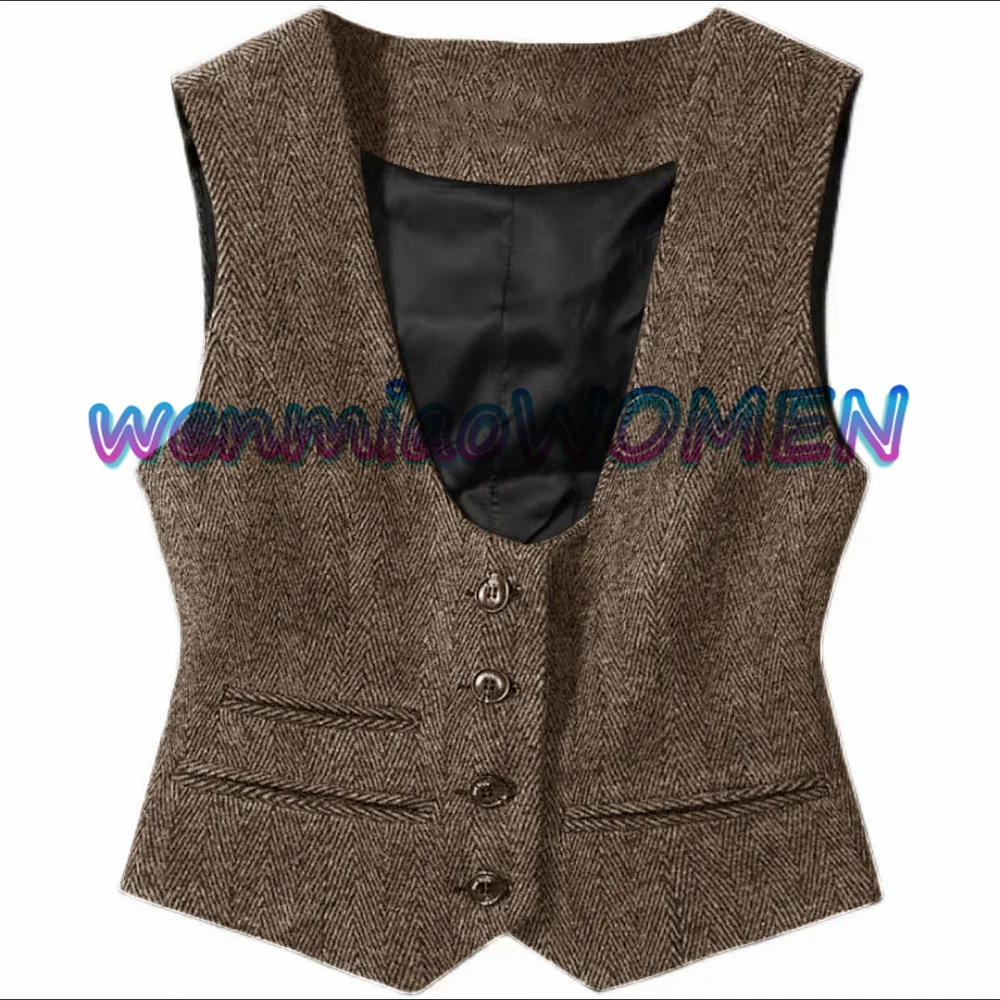 Women\'s Vintage Herringbone Vest, Slim Fit Sleeveless Jacket, Wool Waistcoat, Dark Grey Suit Vests for Lady, New, 2022