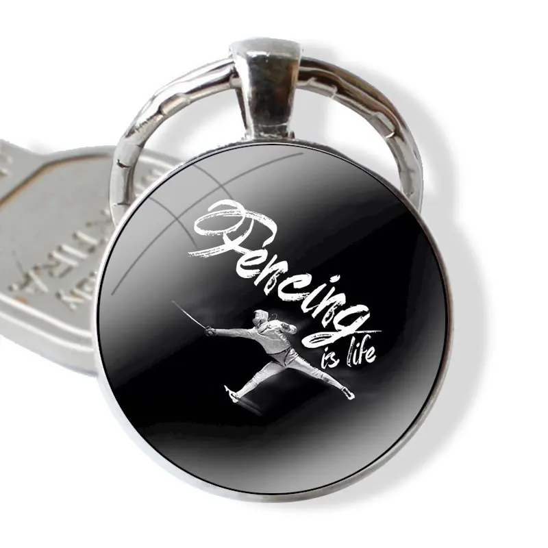 Sport fencing Keychain Handmade Glass Cabochon Key Ring Holder Pendant Key Chains