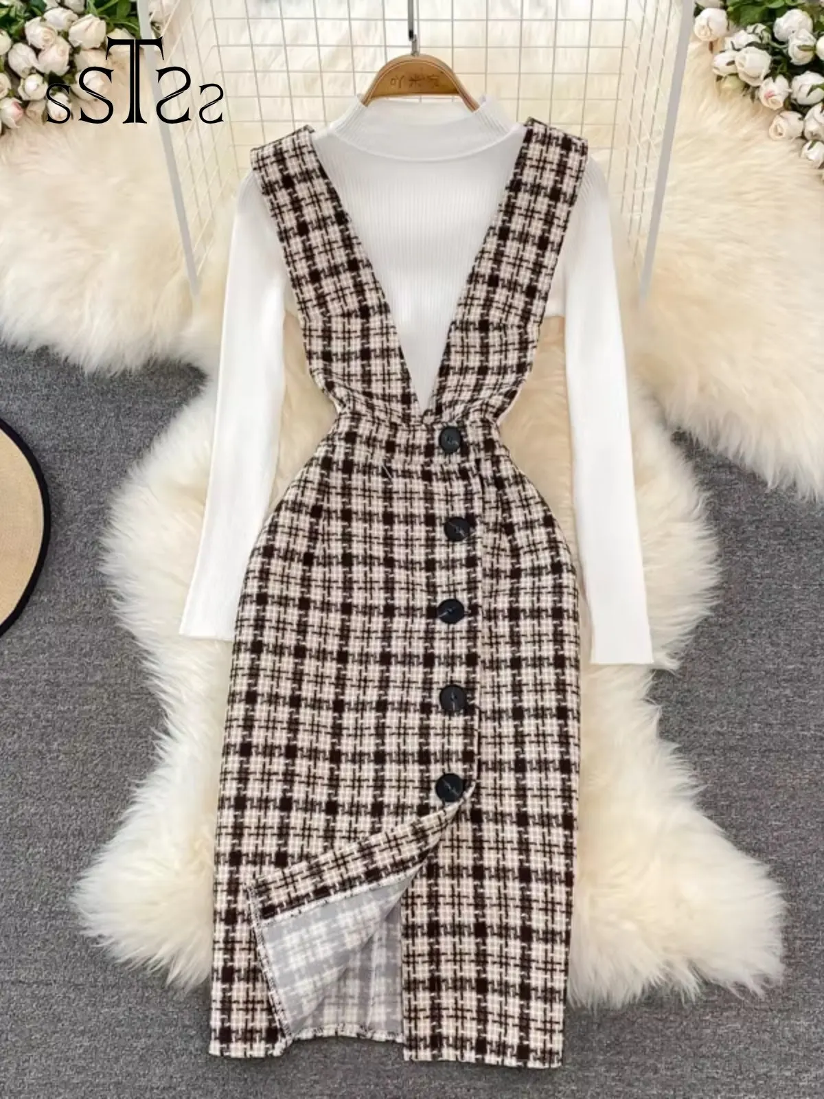 

ssTss Fashion Women 2 Piece Set Autumn Winter Long Sleeve Pullover Sweater Top + Plaid Tweed Pencil Dress Suits Elegant Outfits