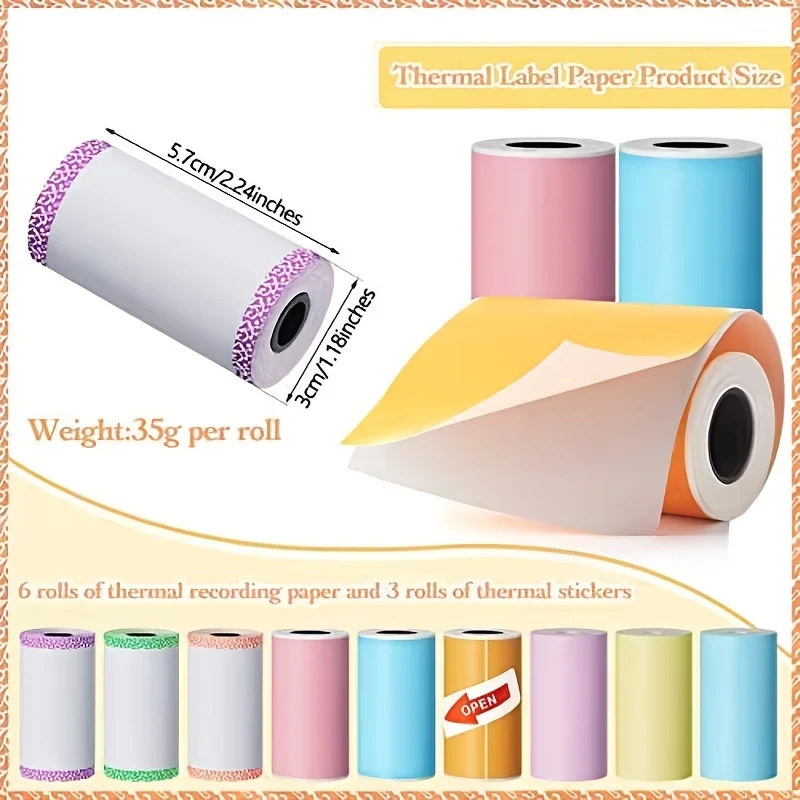 3 Roll Thermal Mini Printer Paper Colorful Roll and Self-Adhesive Printable Sticker Compatible with P1 Mini Printer PeriPage A6