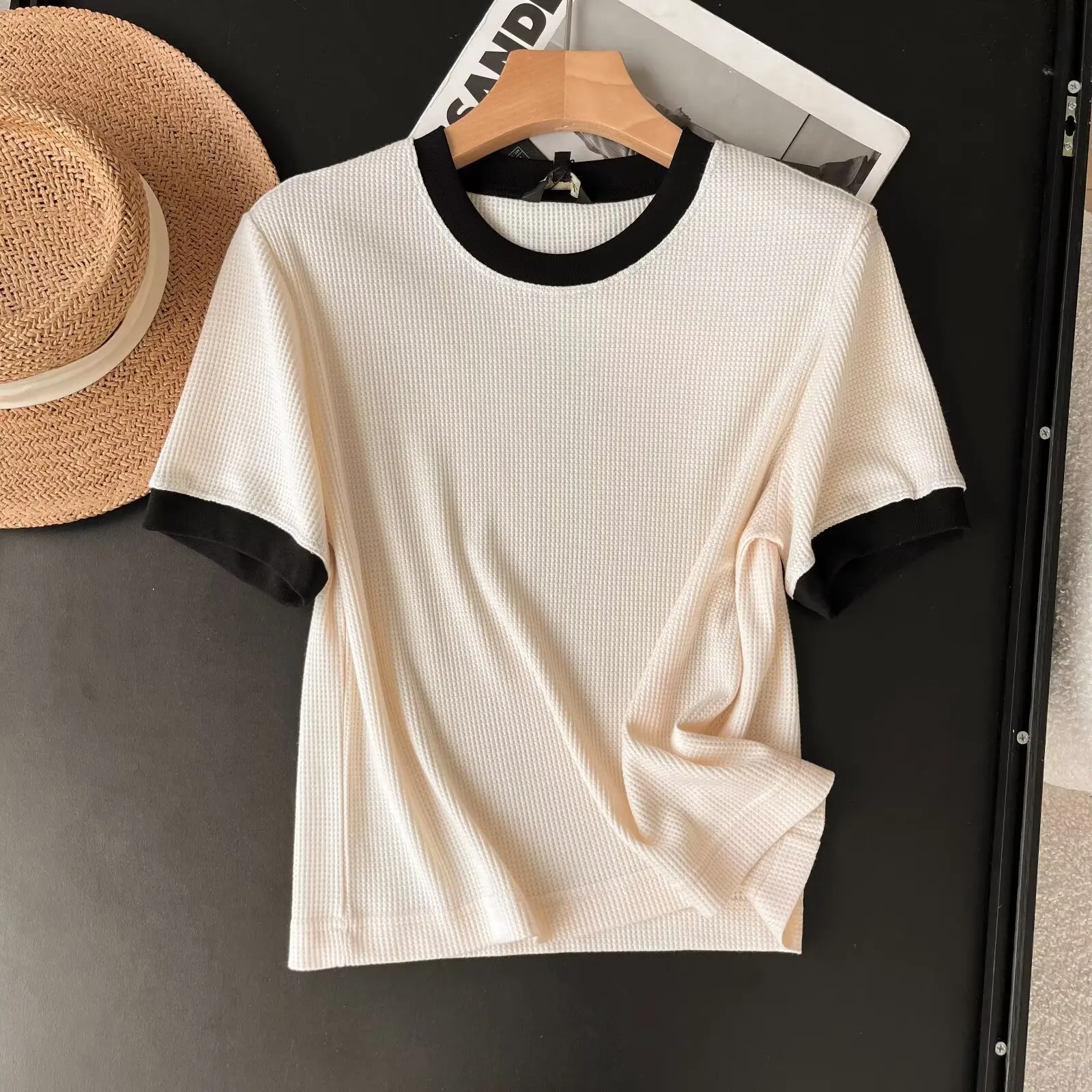 Tangada 2024 Women High Quality Cotton Knitted T Shirt Short Sleeve O Neck Tees Ladies Top 6D041