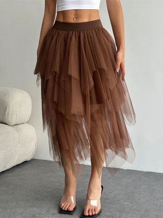 

Сексуальная асимметричная тюлевая юбка с высокой талией, уличная юбка-миди из полиэфирного волокна с разделенным дизайном