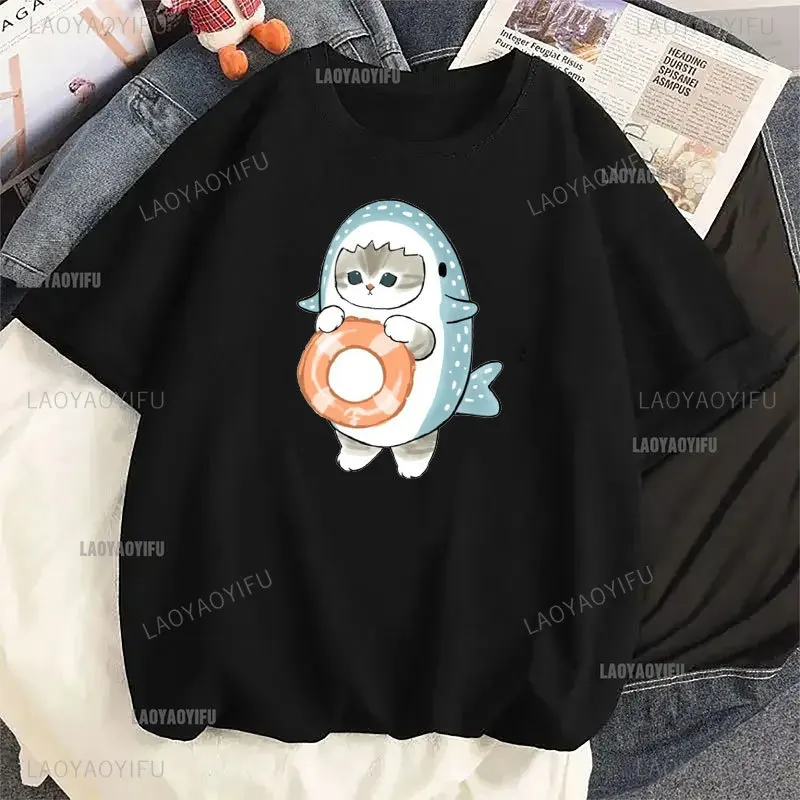 Vrouwen T-Shirt Schattige Haai Kat Grappige Cartoon Katoen T-Shirt Kawaii Y 2K 90S Sweetshirts Jongen Meisje Tops Cadeau Mode Esthetisch T-Shirt