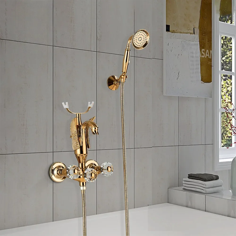 

Gold Swan Bathtub Faucet Crystal Handle Bath Sets with Hand Shower Hot Cold Mixer Tap For Bathroom Wall Mounted