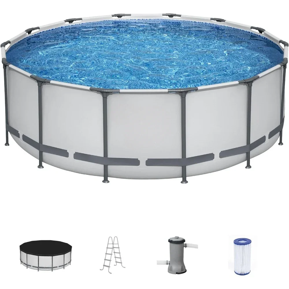 

156"L x 156"W x 48"H Round Metal Frame Outdoor Swimming Pool Set with 1,000 Filter Pump, Ladder, and Cover, Gray