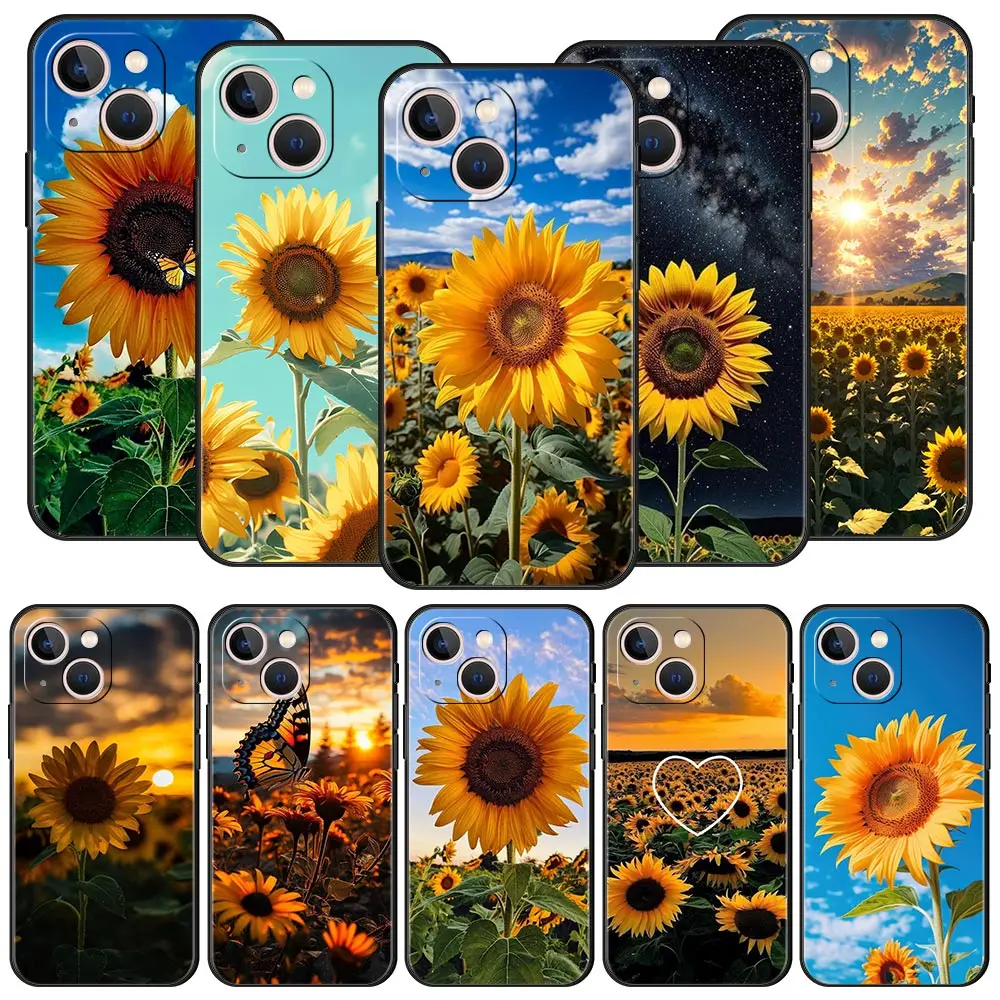 

Beautiful Yellow Sunflower Phone Case For iPhone 17 16 15 Pro Max 11 12 13 14 7 8 Plus SE 2020 X XR XS Cover Soft Black