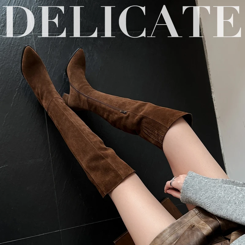 Woman Boots Cowgirls High Botas Side Zip Knee High Botas Cow Suede Shoes Pointed Toe Spring Autumn Woman Over Knee High Boots