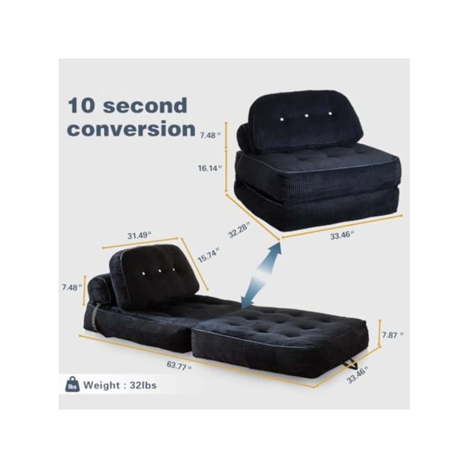 Fold Out Chair Bed-Futon Convertible Sofa with Back Support and Pillow, up to 300LBS Load Capacity,32’’-64’’ Foldable