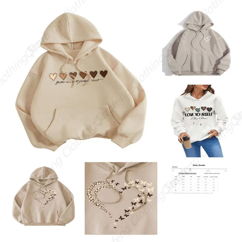 

Casual Heart Print Long Sleeve Pullover Hoodie Sweatshirt Tops Hearts Beige