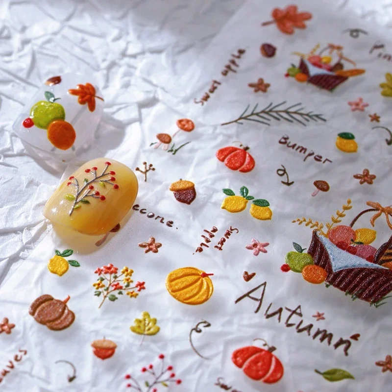 Autumn Lemon Pumpkin Mushroom Maple Leaf Apple Colorful Food Fruits Flower Ginkgo Biloba Charm Nail Art Stickers Manicure Decals