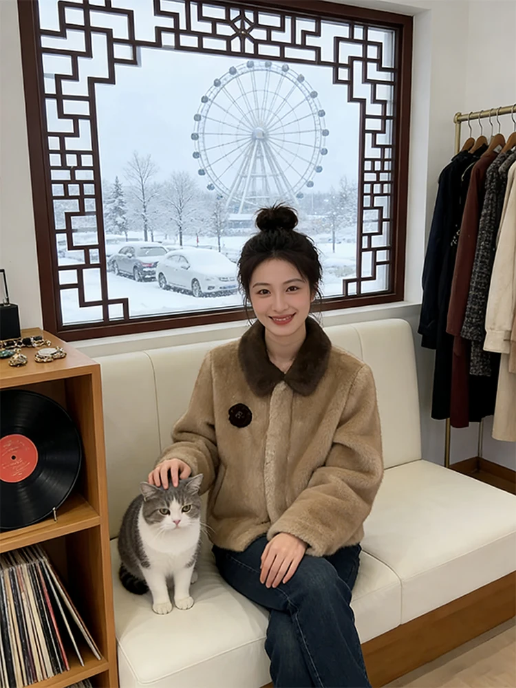 

Lamb Fur Collar Thiened Fce Lined Casual Women's Cotton Jaet Winter Warm Outerwear Breathable Straight Cut Coat