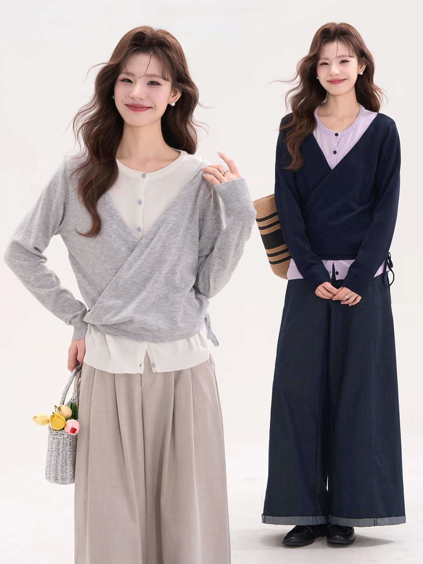 

Женский вязаный свитер Heme 6 из шерсти с длинными рукавами, повседневный, в стиле колор-блок, с эффектом двухслойности, с поясом-завязкой, весенний кардиган