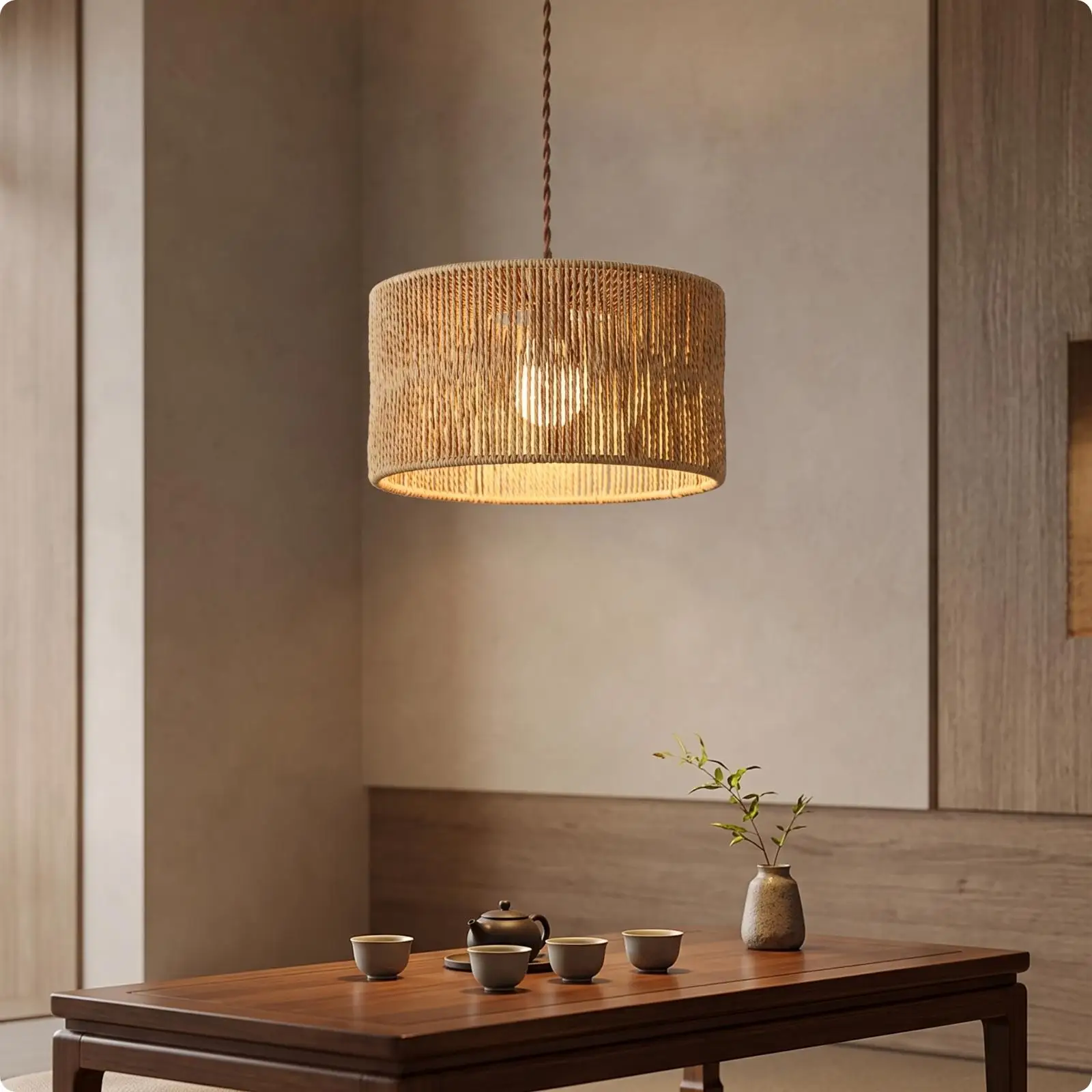 Handmade Paper Rope Shade Cover for Ceiling Pendant Lamp with Built in Bracket Natural Decor