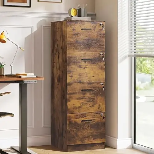 4 Drawer Vertical File Cabinet, Wood Filing Cabinet with Lock, Home Office File Storage Cabinet for Letter and A4 Size