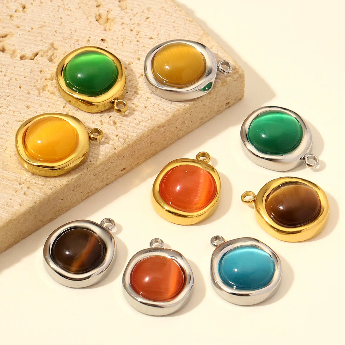 3Pcs/Lot Stainless Steel Cat Eye Natural Stone Charms Round Pendants For DIY Making Earring Necklace Jewelry Accessory Wholesale