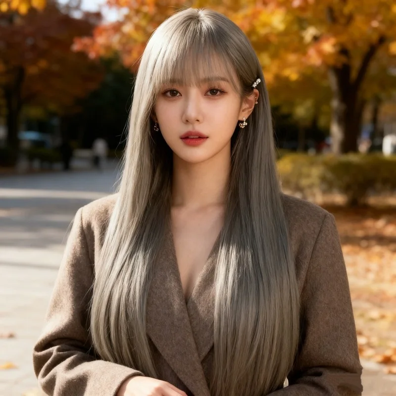 Women's wig with air bangs, long straight hair, realistic synthetic fiber, silver long straight full head hairstyle