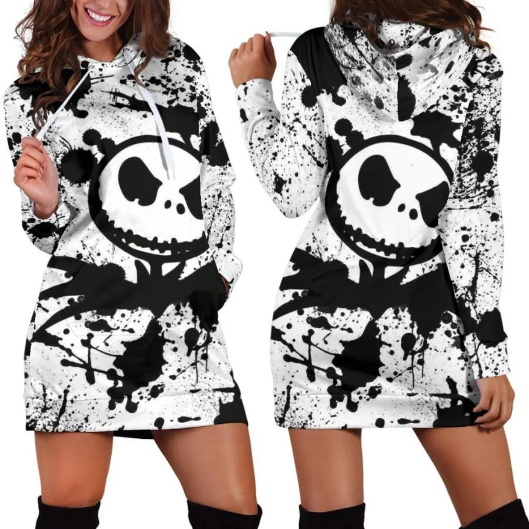 Jack Skellington Hoodie Dress Sweater Fashion Disney Dress Sweatshirt Dress 3d Allover Printed Hoodie for Women