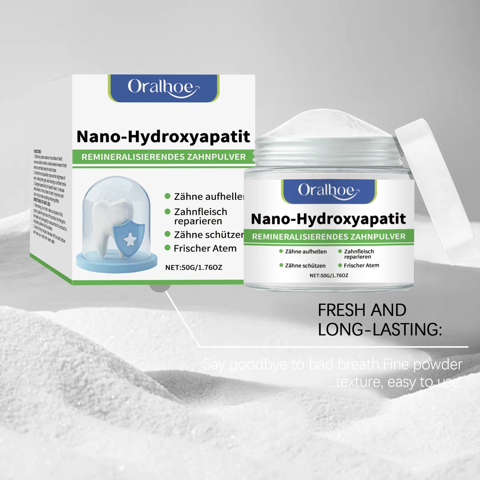 Polvo Dental Oralhoe con Nano Hidroxiapatita para Blanqueamiento Dental, Cuidado de las Encías, Remineralización, Frescu