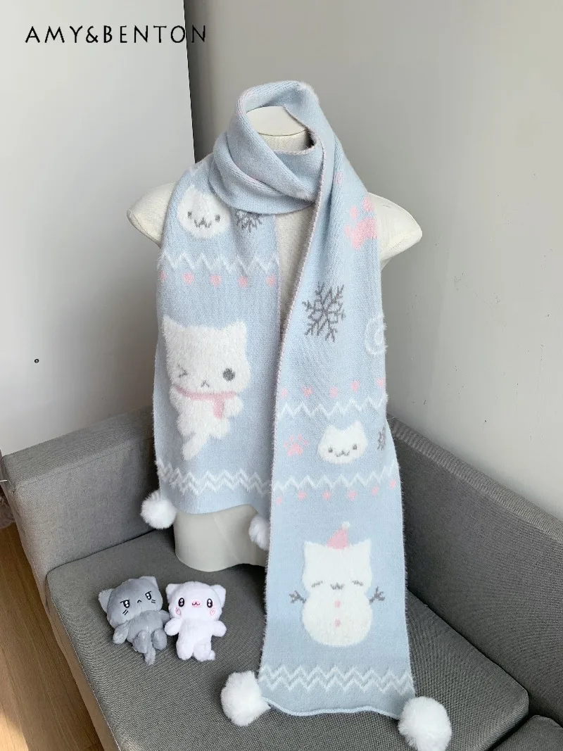 

Original Kawaii Cartoon Print Faux Mink Fur Blue and White Patchwork Cute Thick Scarf Winter Japanese Anime Girl Gothic Scarves