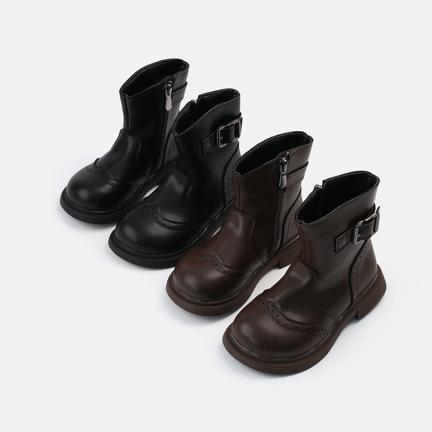 Girls Brogue Perforated Mid-Calf Boots, PU Leather Metal Buckle Decor Inner Zipper Thick Non-Slip Sole Retro