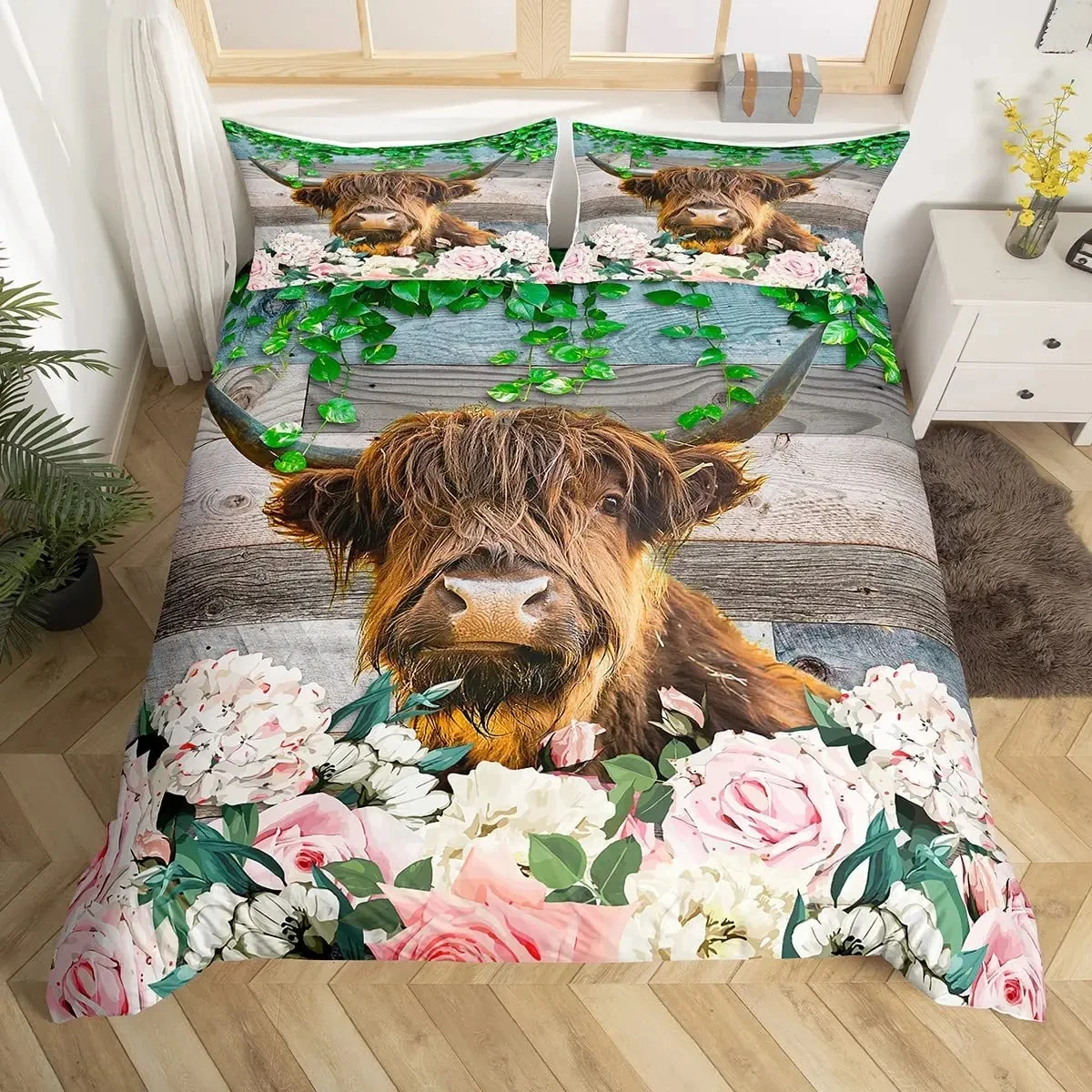 Highland Cow Duvet Cover Set Farmhouse Style Wild Animal Bedding Set Western Old Barn Door Quilt Cover Floral Bedspread Cover