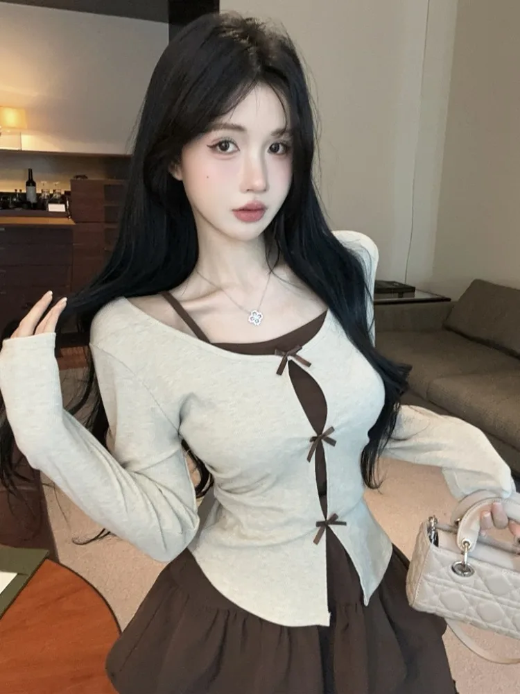 

Elegant Slimming Long Sleeve T-Shirt High Waist Short Skirt Set Women's Fashion Autumn Season Knot Casual Wear
